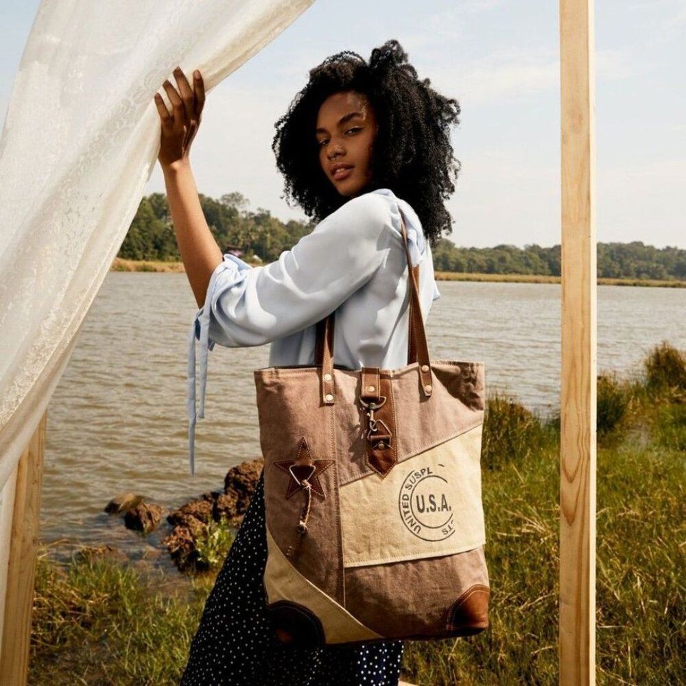 Myra Bag Handmade Undulate Tote Bag Upcycled Canvas & Cowhide Leather